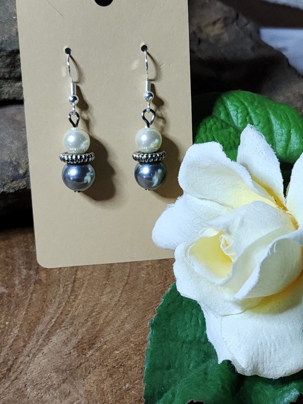 Gray & Creamy White Faux Pearl Drop Earrings